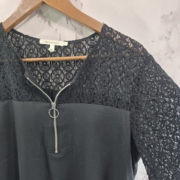 Avec Les Filles Dress Womens Large Black Lace Circle Front Zip V Mini Shift - Picture 11 of 12